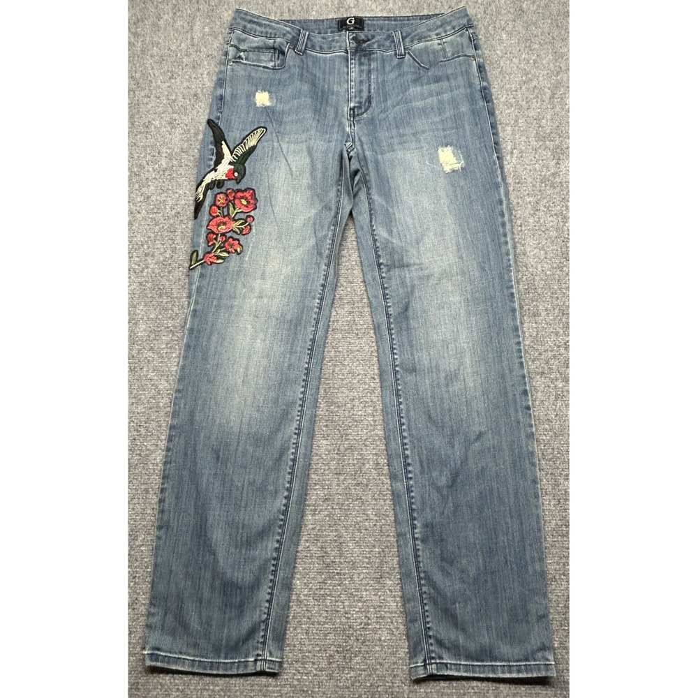 G by Giuliana Jeans Womens 10 Straight Leg Embroidered Bird Floral Distressed